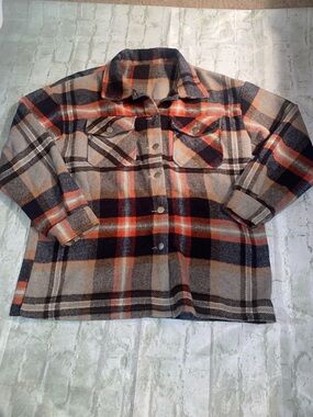 Plaid Button-Up Shacket in Beige, Navy & Orange